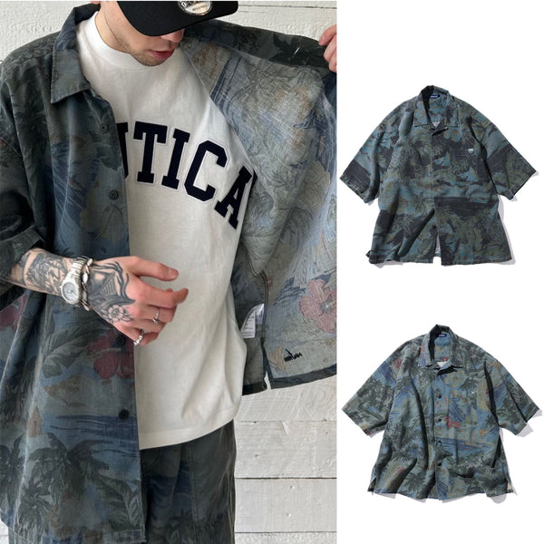 NAUTICA ( JAPAN ) Wide Silhouette Faded Aloha Print Open Collar Short Sleeve Shirt cotwo