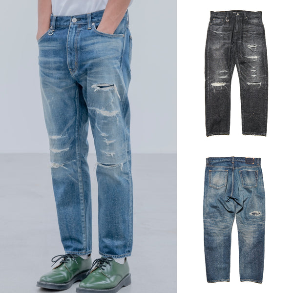 uniform experiment 25A/W DAMAGED DENIM TAPERED-FIT JEANS [ UE-252055 ]